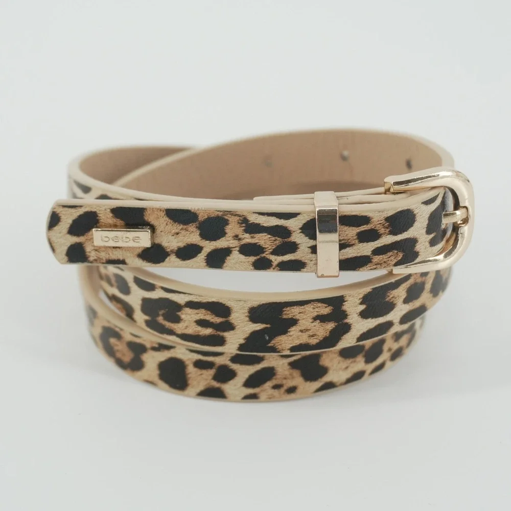 Bebe Belt Women Medium Brown Leopard Print Skinny Gold Buckle Synthetic Leather